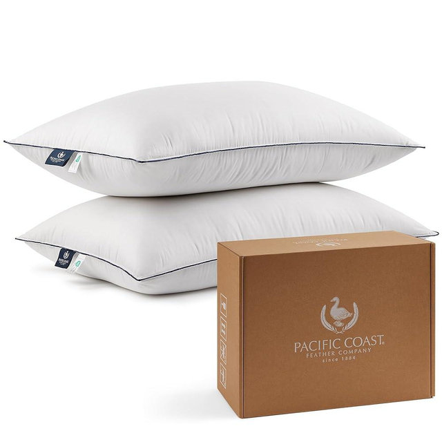 Pacific Coast Feather and Down Bed Pillows Standard Size Set of 2, Goose Feather and Down Hotel Pillow for Sleeping, Downproof, 3-Chamber, Medium Supportive, 100% Cotton Shell