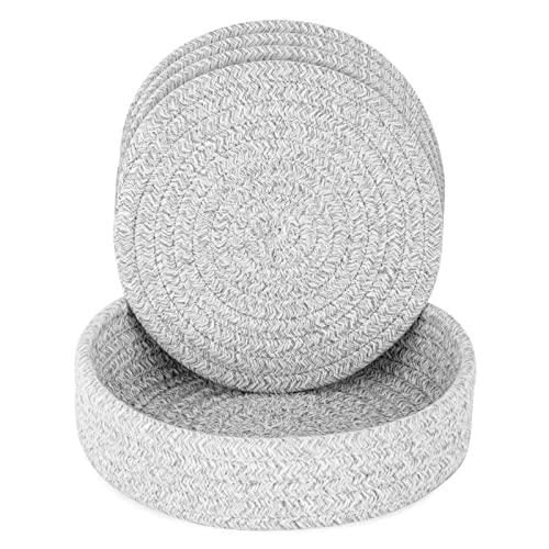 Potholders Trivets Set 4 Pcs 7 Inches and Kitchen Storage Basket 1 Pack, Cotton Heat Resistant Mat, Countertop Protector for Hot Pots and Pans, Hotpot Pot Cooking Holder, Kitchen Decor (Grey)