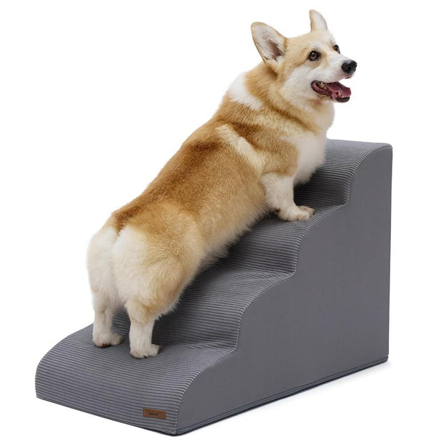 Lesure Dog Stairs for Small Dogs Pet Steps Ramp for High Bed and Couch with CertiPUR-US Certified Foam with Non-Slip Bottom, Grey, 4 Steps