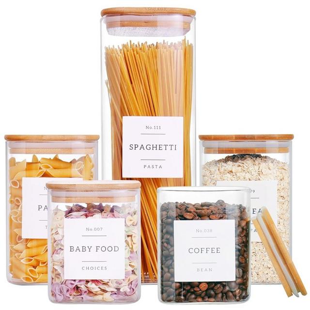 CZZGSM 5 Pack Square Glass Pantry Storage Containers with 132 Kitchen Food Pantry Labels - Clear Glass Jars with Airtight Wood Bamboo Lids - Glass Canisters for Cookies, Nuts, Cereal