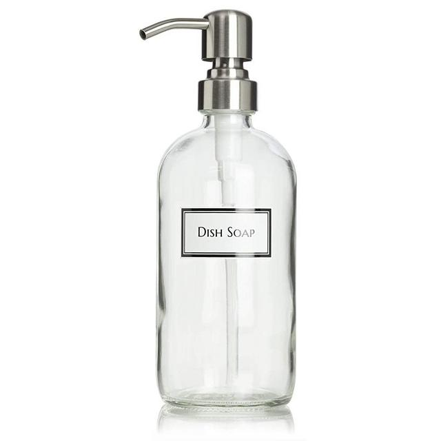 Ceramic Printed Glass Dish Soap Dispenser with Stainless Steel Bird Head Pump, 16 oz, Clear
