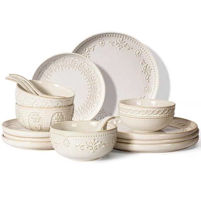 Artena Plates And Bowls Sets, 16 Pieces Dinnerware Sets, Dish Set For 4, Ceramic Kitchen Bowl And Plate Set, Embossed White Dishware Sets, Dishwasher & Microwave Safe (Multiple Patterns)
