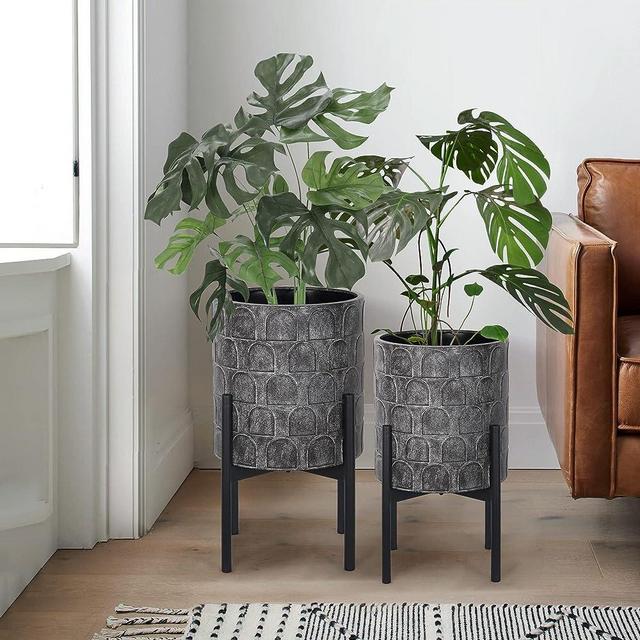 Oakrain Mid Century Planters for Indoor Plants, Set of 2, Modern Decorative Metal Planter Pots for Living Room, Office, Garden or Balcony, Planter with Stand, Paint Black