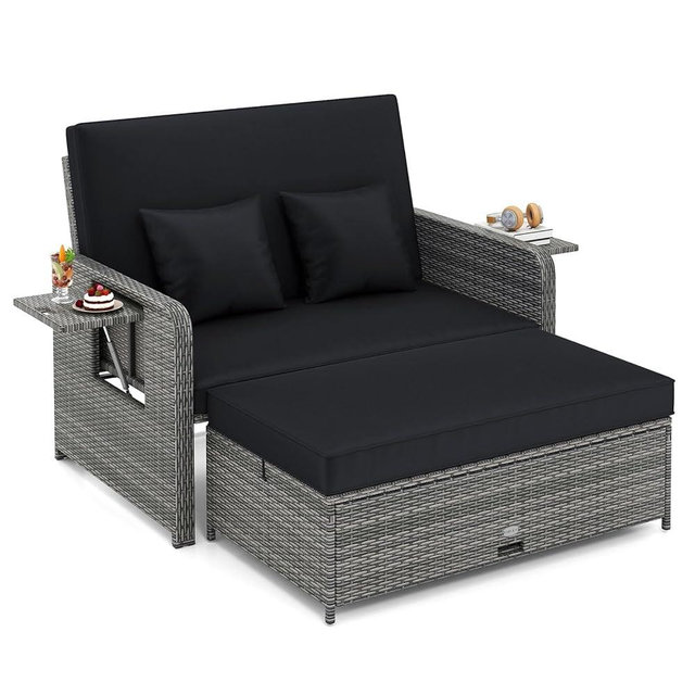 Tangkula Patio Rattan Daybed with 4-Level Adjustable Backrest, Outdoor PE Wicker Loveseat with Storage Ottoman & Folding Side Table, Double Sunbed for Balcony, Backyard & Poolside, Black & Grey