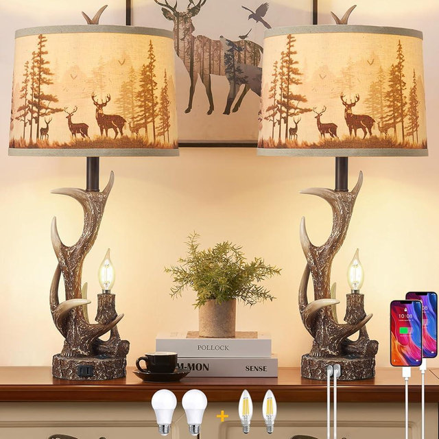 2PACK Rustic Antler Table Lamps Included 4 Bulbs for Bedroom, 28'' Farmhouse Antler Table Lamp with Deer Forest Lampshade USB + Type C Ports Decor for Living Room End Table Cabin Office House