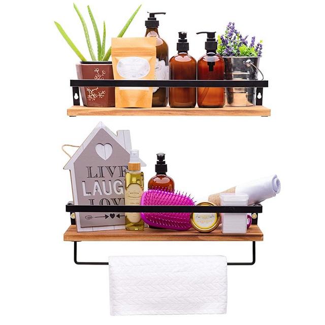 FIRST DAWN Bathroom Floating Shelves With Towel Bar, Wall Mounted Wooden Kitchen Shelves, Natural Pine Wood Color, Above Toilet Organizer, Bathroom Wall Shelf - Set of 2 for Bathroom, Kitchen, Hallway
