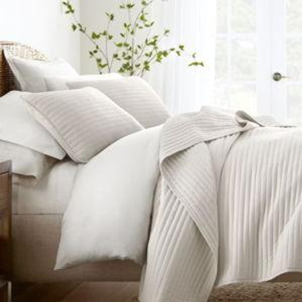 Stripes Floral and Diamonds Quilted Coverlet Set With Shams - Becky Cameron, Stripe Stitch / Natural, Full/Queen