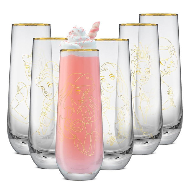 JoyJolt Disney Princess Sketch Stemless Flutes, 9.5oz Glass Cups ft Princes Jasmine Ariel Belle Cinderella Tiana Rapunzel, Kitchen Glassware Set of 6, Disney Gifts for Adults
