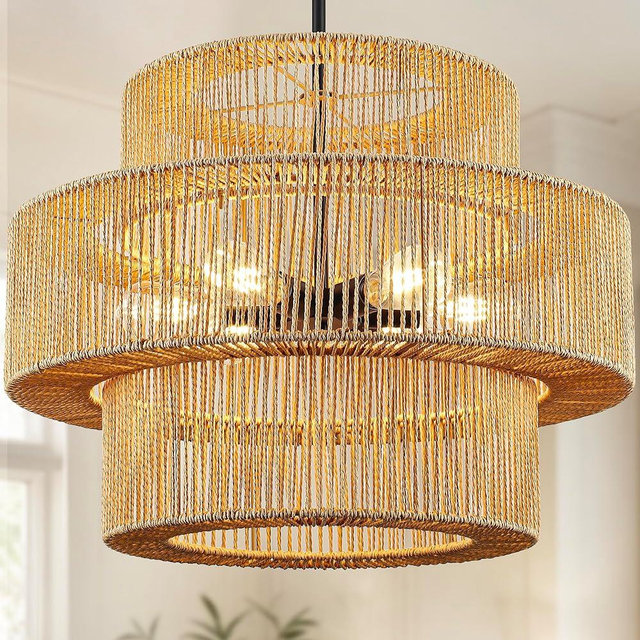Pavloatu 25.59" Large Hand-Woven Rattan Chandelier, 6-Light Farmhouse Boho Chandelier Light Fixtures, Rustic Bamboo Wicker Chandeliers for Dining Room, Kitchen Island, Living Room, Stairway