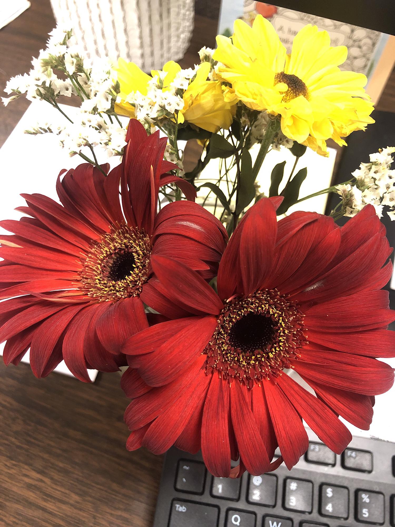 The first flowers Scot bought me were daisies. Red and yellow which would ultimately inspire our wedding colors.