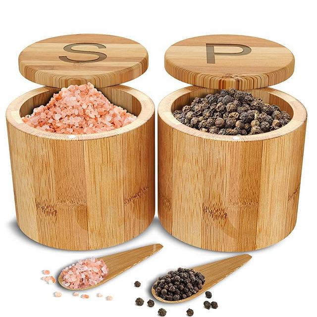 Scavyn Engraved Bamboo Salt and Pepper Cellars - Spice Containers - Magnetic Swivel Lids - 2 Wooden Boxes with Spoons - 3.5” x 3.0”