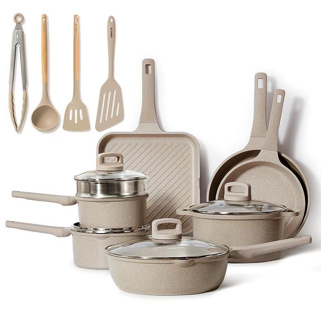 CAROTE Pots and Pans Set Nonstick, 16Pcs Kitchen Cookware Sets, Stackable Induction Cookware, Pot and Pan set, Pans for Cooking, Taupe Granite