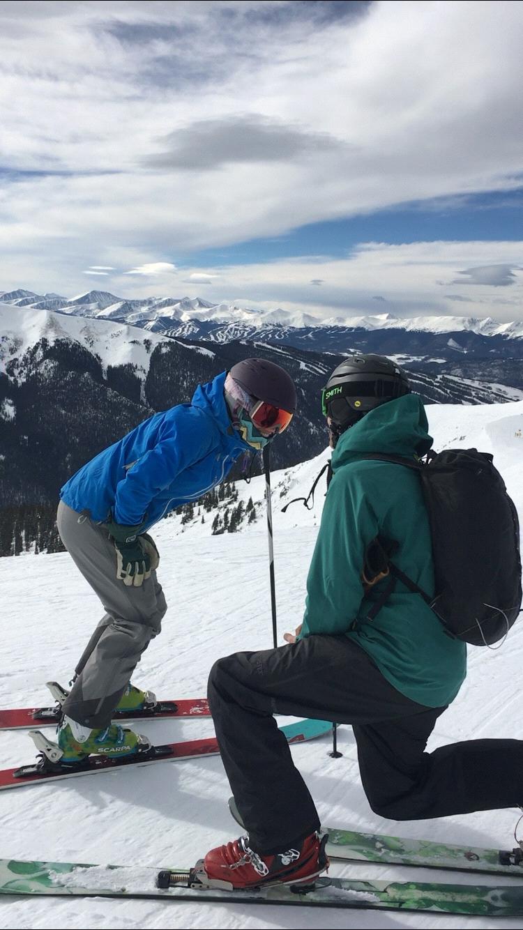 Weston dropped his telemark knee before we started skiing at the top of Arapahoe Basin.. Becca was surprised!!