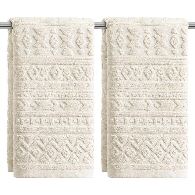 Artoid Mode 2 Pcs Beige 3D Geometric Design Jacquard Hand Towels for Bathroom, 100% Cotton Soft Absorbent Bathroom Decor Towels, 13.7 x 29.5 Inch