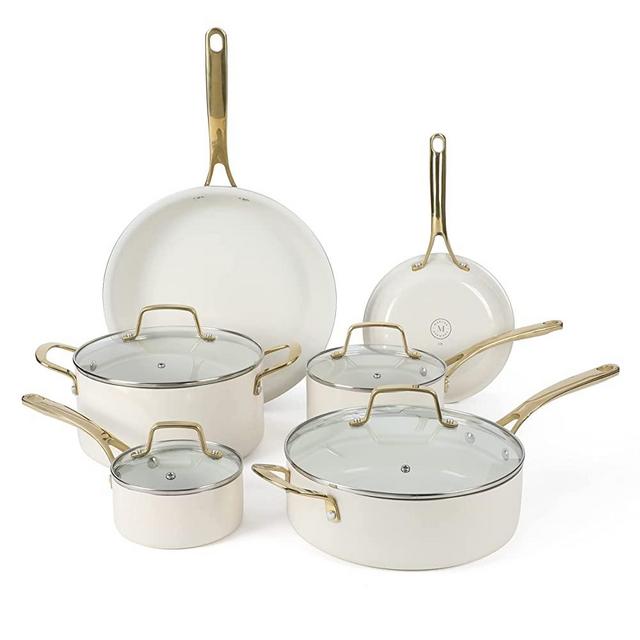 Martha Stewart Lockton Premium Nonstick PFA Free Ceramic Interior 10 Piece Heavy Gauge Enamel Aluminum Cookware Set - Linen w/Gold Handle