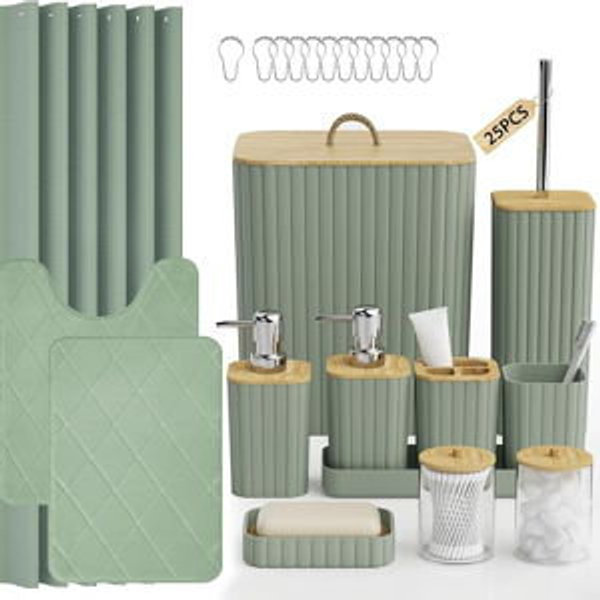 Bathroom Accessory Set- Sage Green - 25PC Bathroom Sets with Shower Curtain and Rugs, Sage Green Bathroom Set, Bathroom Accessories Set, Shower Curtain Sets with Rugs, Bathroom Trash Can & Soap Dispenser