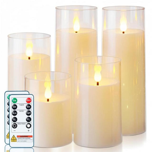 Homemory Ivory White Flickering Flameless Candles, Battery Operated Acrylic LED Pillar Candles with Remote Control and Timer, Set of 5
