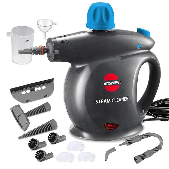 Outspurge Handheld Steam Cleaner, Pressurized Multi-Surface Steam Shot with 11 Accessories, Safety Lock, Steamer for Cleaning Floor, Upholstery, Grout, Windows, Couch and Car, Grey