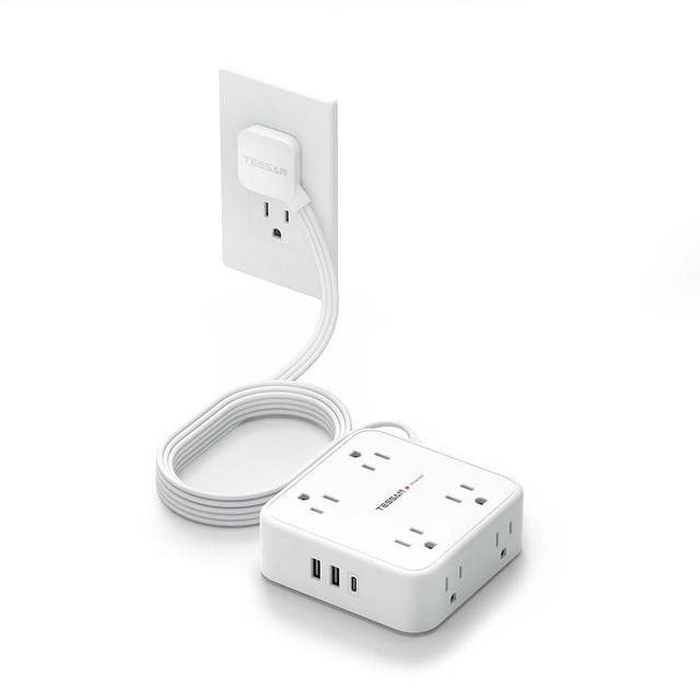 Flat Extension Cord, TESSAN Surge Protector Power Strip 5 FT with 8 Outlets 3 USB (1 USB C) Ports, 3-Sided Outlet Extender with 900J Surge Protection for Office Supplies, Dorm Room Essentials, White