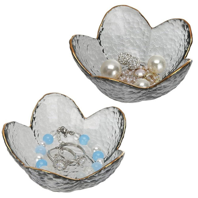 KUKUVR 2 Pieces Ring Dish Jewelry Tray, Floral Glass Jewelry Holder Tray for Rings Earrings Necklace Bracelet, Small Cute Trinket Dish for Nightstand Bathroom dresser decor (Grey)