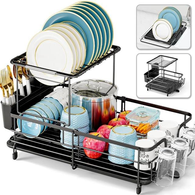 Urackify 2 Tier Dish Drying Rack, Expandable Dish Rack for Kitchen Counter, Adjustable Over The Sink Dish Drainer, Large Multifunctional Dish Strainer with Removable Top Shelf for in Sink Use, Black