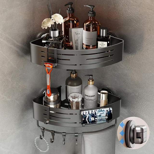 Voldra Corner Shower Caddy Suction Cup, Corner Shower Shelves No Drilling, Aluminum Upgrade Suction Cup Shower Organizer with Towel Bar & Hooks Removable Bathroom Storage Rack(2 Pack, Matte Gray)