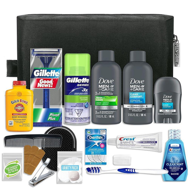 Convenience Kits International Men’s Premium 20-Piece Kit with Travel Size TSA Compliant Essentials, Featuring: Dove Men & Care Products in Black Dopp Bag