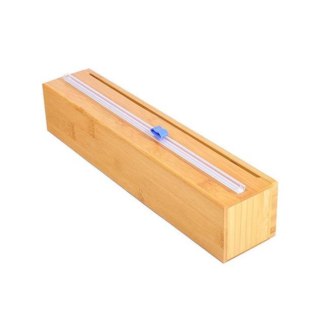Bamboo Wood Plastic Wrap Dispenser with Slide Cutter Also for 12 inch Aluminum foil, Parchment Paper, Cling Wrap Dispenser Sturdy and Reusable