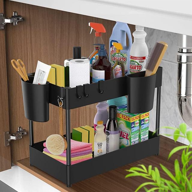 Under Sink Organizers and Storage, 2 Tier Bathroom Organizer Rack with Hooks Hanging Cup, Multi-purpose Bath Collection Baskets Storage Shelf for Bathroom Kitchen Countertop Cabinet