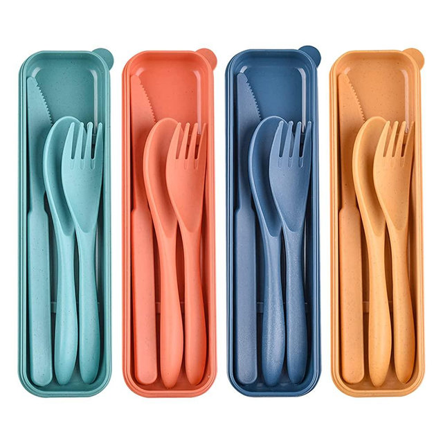Reusable Wheat Straw Cutlery with Case, Portable Dark Utensils Set for Adults, Tableware Camping Cutlery Set for 4 People, Biodegradable Utensils for Kitchens, Dishwasher Safe