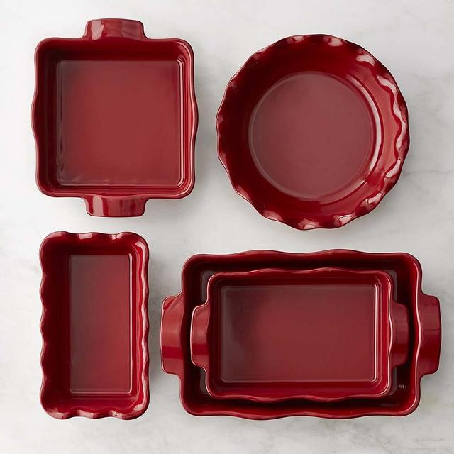 Emile Henry French Ceramic Ultimate 5-Piece Ruffled Bakeware Set, Burgundy