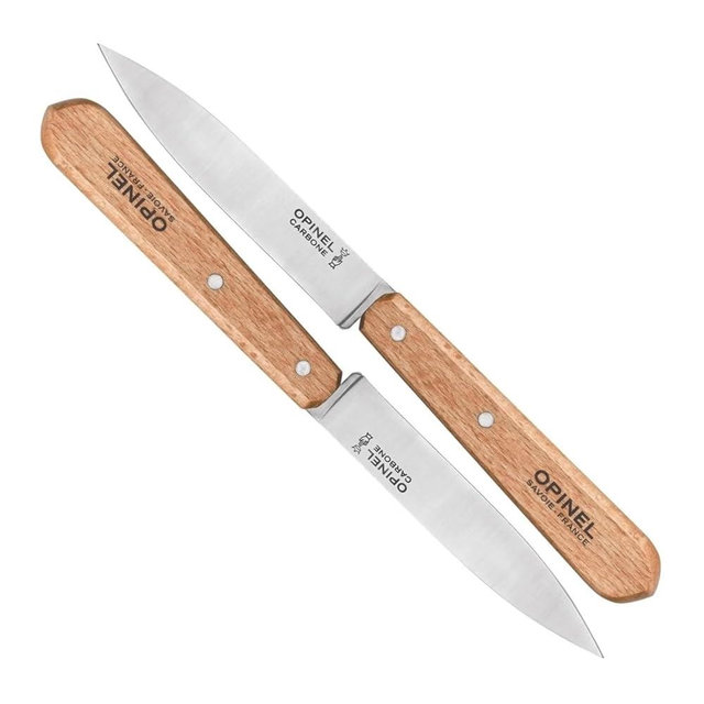 Opinel No. 102 Paring Knives 2 PIECE SET, Carbon Steel Everyday Use Prep Knives for Chopping, Peeling, Slicing, Trimming, Stabilized Sustainably Harvested Beechwood Handles, Made in France