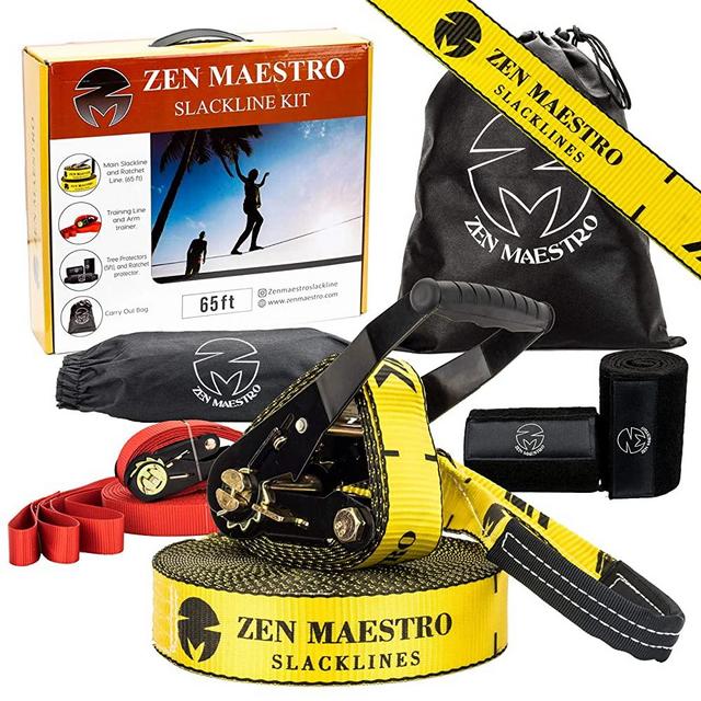 Slackline kit 65ft Complete with Tree & Ratchet Protectors Optional Training Line Arm Trainer Carry Bag, Zen Maestro Instruction Booklet Outdoor Backyard Fun for All