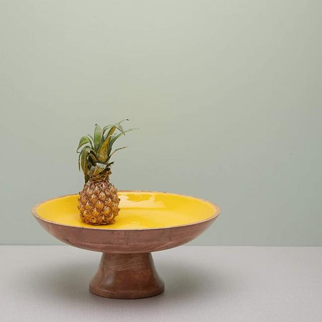 Wooden Pedestal Fruit Bowl for the Counters or Decorative Fruit Stand for Kitchen Counters or Centerpiece Table Décor, 12-inch Large Serving Bowls for Fruits, Breads, Mango Wood, Yellow