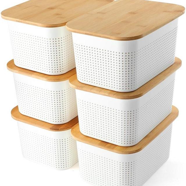 NEATJELAI Storage Bins With Lids Set of 6 Plastic Storage Baskets with Bamboo Lids, Plastic Storage Container Organizer Bins for Shelves Drawers Desktop Closet Playroom Classroom Office, White