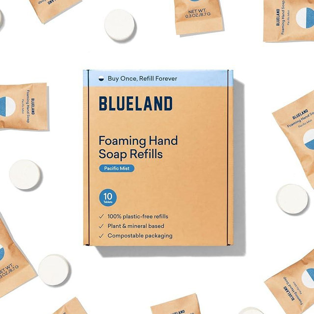 BLUELAND Foaming Hand Soap Refills - 10 Pack Tablets, Pacific Mist Scent, Eco Friendly Hand Soap and Cleaning Products - Makes 10 x 9 Fl oz bottles (90 Fl oz total)