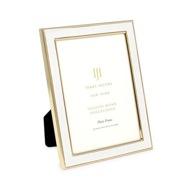 Isaac Jacobs 4x6 White Leather with Gold Metal (Vertical & Horizontal) Picture Frame, Suede Border w/Black Fabric Easel, Wall-Mountable, Made For Tabletop, Photo Gallery (4x6, White W/Gold)