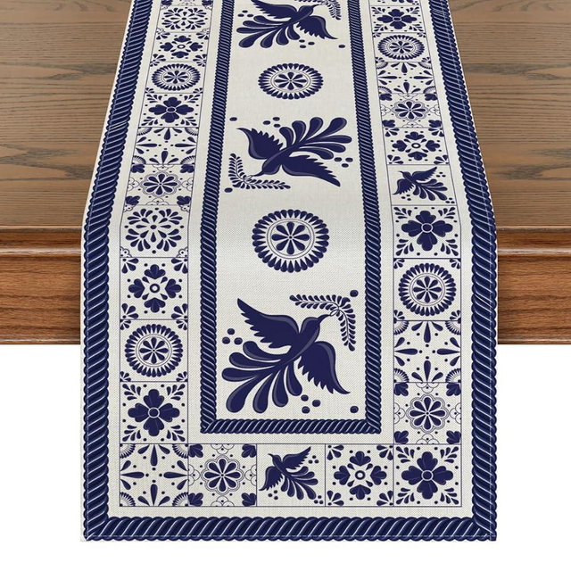Artoid Mode Floral Bird Dia De Los Muertos Mexican Table Runner, Blue Patchwork Tiles Kitchen Dining Table Decoration for Home Party Decor 13x72 Inch