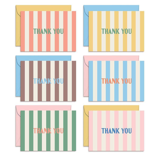 Sweetzer & Orange Summer Stripes Thank You Cards – Set of 24 Blank Cards with Envelopes – 6 Colorful Designs (4 of Each) – 4x5.5 Flat Note Cards – Pastel Pink, Blue & Yellow Envelopes – Thick Paper