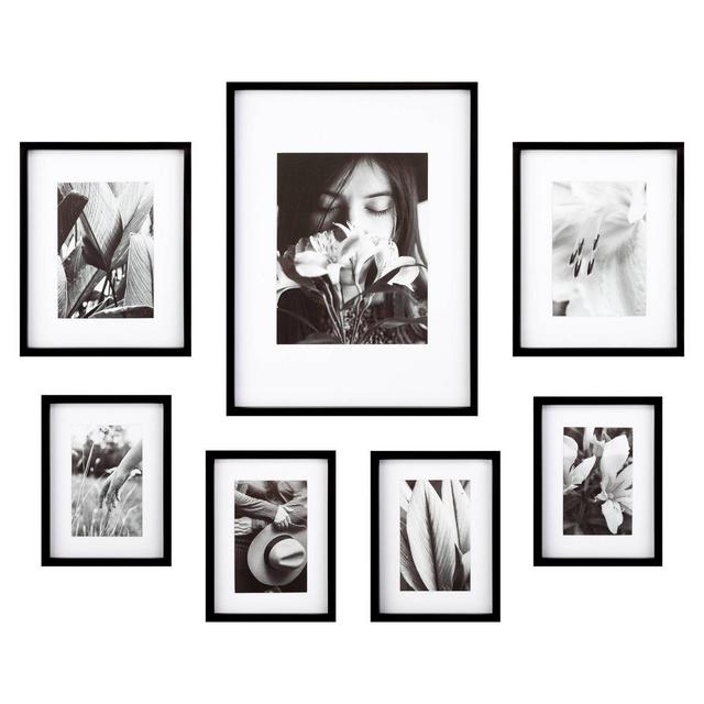 7pc Gallery Wall Frame Set with Decorative Art Prints and Hanging Template Black - Gallery Solutions