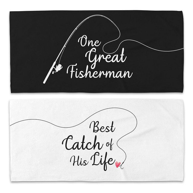 WAITPI Couple Funny Fisherman Beach Towel Set of 2, Honeymoon Wedding Beach Towels Gifts for Newlywed Bride Groom Valentine's Day, Black and White Beach Towels Oversized Decor for Bathroom 30x60 in