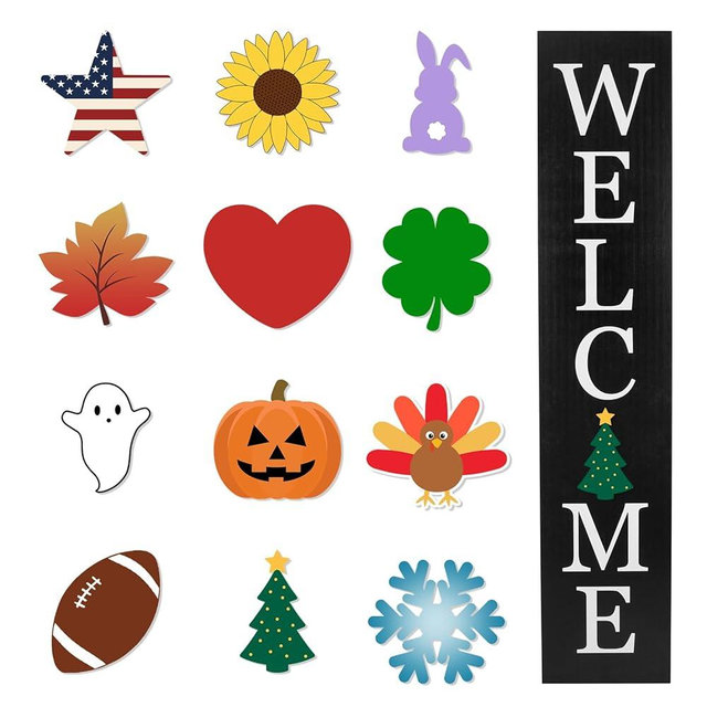 Interchangeable Wooden Porch Welcome Sign with 12 Interchangeable Icons 45"X9" Large Standing Hanging Seasonal Home Decor for Porch Wall Yard Decorations (Black)