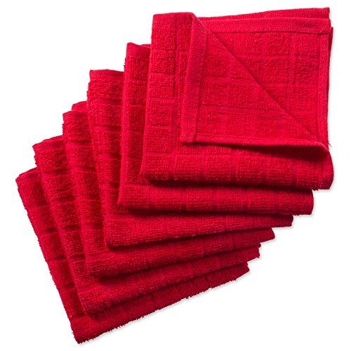 DII Cotton Terry Windowpane Dish Cloths, 12 x 12" Set of 6, Machine Washable and Ultra Absorbent Kitchen Bar Towels-Solid Red