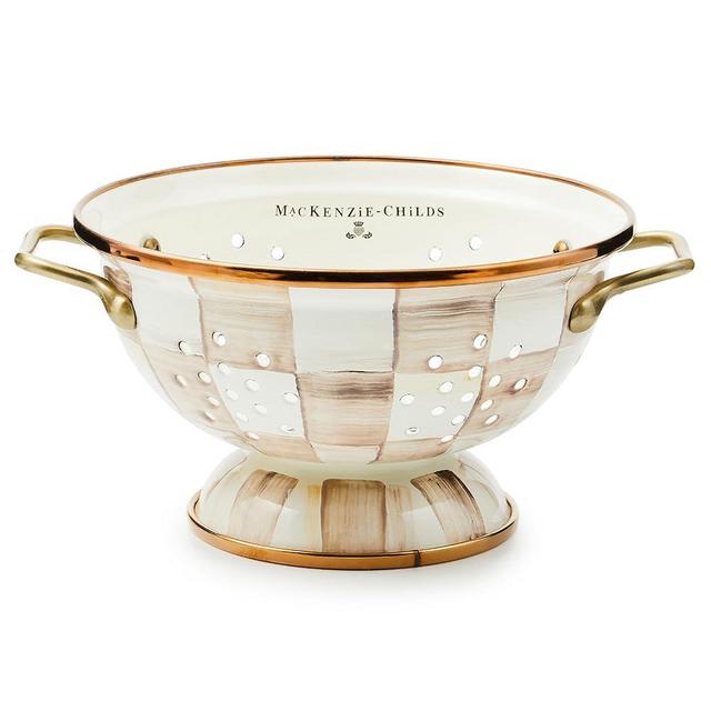 MACKENZIE-CHILDS Enamel Colander, Decorative Kitchen Strainer, Large, Brown-and-White Mocha Check