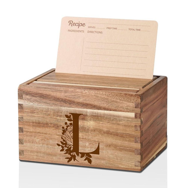 InnoBeta Personalized Gifts Recipe Box, Personalized Initial Recipe Card Holder Box with 50 4 x 6 inch Recipe Cards, 10 Dividers, Initial Recipe Organize - L