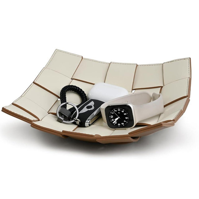Valet Tray PU Leather Key Bowl for Men Entryway Table Nightstand Catchall EDC Dump Tray for Wallet, Keys, Jewelry Men's Gift - Coffee & White, 9.8"L x 9.8"W x 2"H