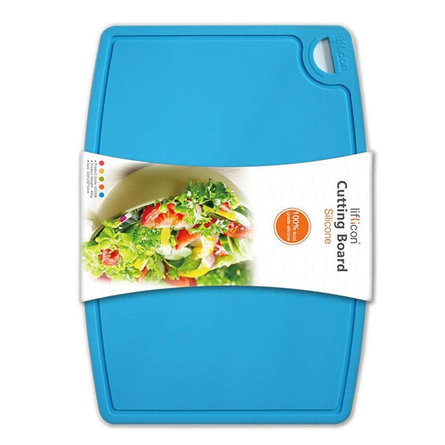 Liflicon Thick Silicone Cutting Board 12.6'' x 9.1'' Foldable & Flexible Design Juice Grooves Easy Grip Handle Dishwasher Safe-Blue