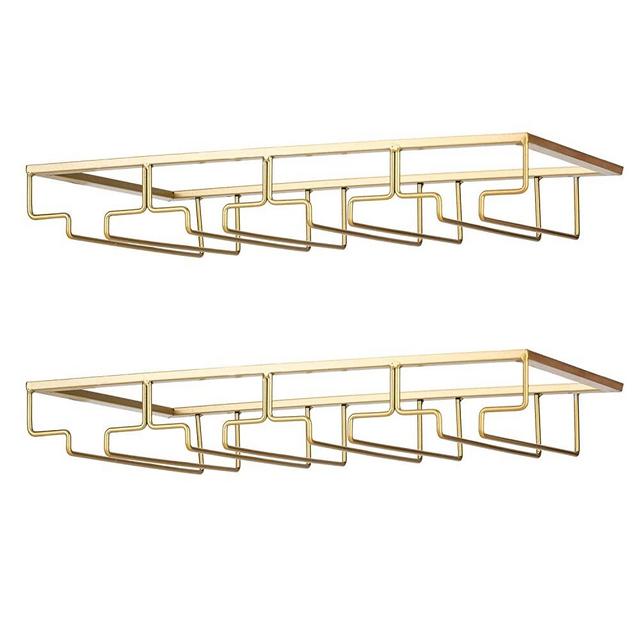 Wine Glass Rack - Under Cabinet Stemware Wine Glass Holder Glasses Storage Hanger 2 Pack Metal Organizer for Bar Kitchen 4 Rows Gold