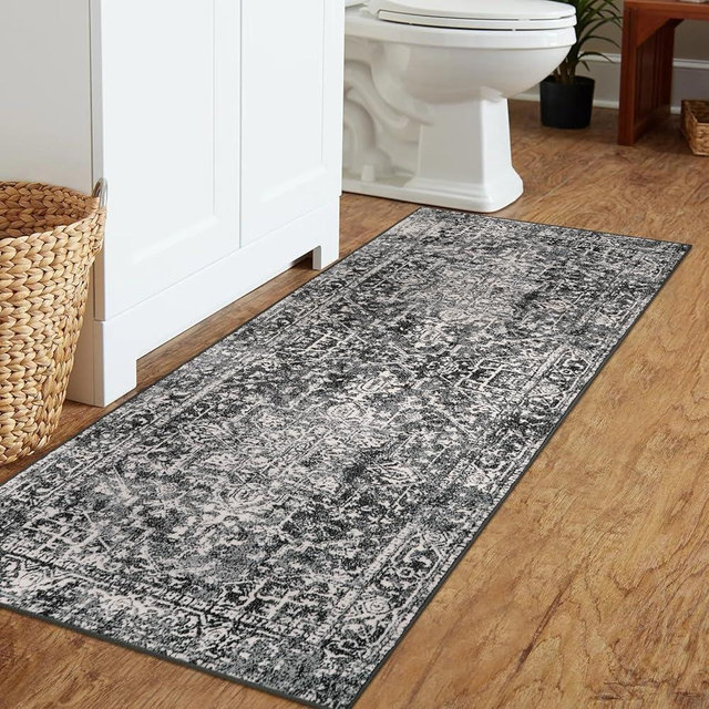 Morebes Boho Black Kitchen Rugs Non Slip Washable, 2x5 Vintage Medallion Bathroom Runner Rug, Soft Low Pile Stain Resistant Indoor Floor Carpet Runners for Hallway Entryway Bedroom