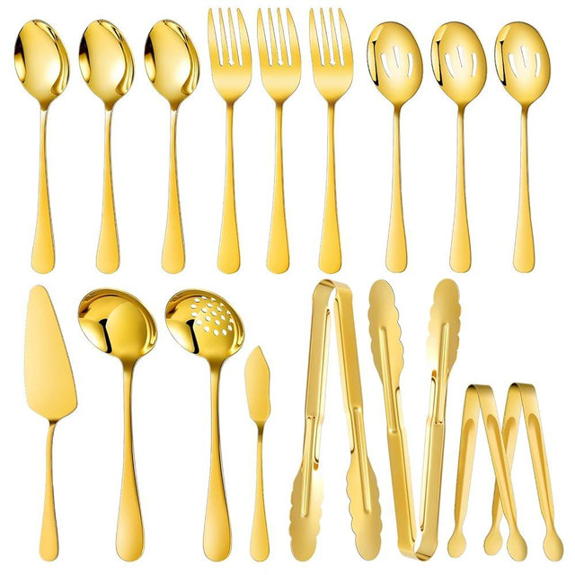 Mwellewm 17Pcs Serving Utensils, Gold Stainless Steel Large Serving Spoons, Slotted Spoon, Fork, Tongs, Cake Pie Server, Soup Spoon, Metal Buffet Banquet Cutlery Set for Parties Entertaining Catering